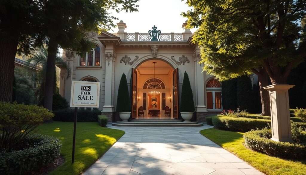 An opulent villa nestled on the prestigious Żoliborz district, its stately facade adorned with intricate architectural details. A "For Sale" sign stands prominently, signaling the opportunity to acquire a piece of this exclusive real estate. The lush, manicured grounds surrounding the villa create a serene atmosphere, hinting at the luxurious lifestyle within. Sunlight filters through the tall windows, casting a warm glow over the ornate interiors visible through the open entryway. Potential buyers can envision themselves in this prestigious setting, contemplating the market value and exclusive nature of this prestigious property.