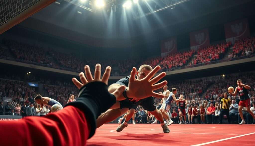 Detailed scene of key moments in Polish national handball team matches, captured with a wide-angle lens. In the foreground, a dramatic diving save by the goalkeeper, hands outstretched to block the shot. In the middle ground, players battling for possession, their faces intense with determination. In the background, the roar of the crowd in a packed stadium, creating an electrifying atmosphere. Dramatic lighting casts long shadows, heightening the sense of tension and excitement. Convey the thrill and passion of handball, the national pride of the Polish team, and the electric energy of their crucial matches. Detailed scene of key moments in Polish national handball team matches, captured with a wide-angle lens. In the foreground, a dramatic diving save by the goalkeeper, hands outstretched to block the shot. In the middle ground, players battling for possession, their faces intense with determination. In the background, the roar of the crowd in a packed stadium, creating an electrifying atmosphere. Dramatic lighting casts long shadows, heightening the sense of tension and excitement. Convey the thrill and passion of handball, the national pride of the Polish team, and the electric energy of their crucial matches.