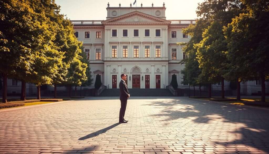 Imposing facade of the Presidential Palace, Warsaw, 1920s. The stately neoclassical architecture rises against a backdrop of verdant trees, casting long shadows across the cobblestone courtyard. At the center, a dignified figure in formal attire stands with poise, gazing thoughtfully into the distance - Stanisław Wojciechowski, the second President of the Republic of Poland, overseeing his tenure from 1922 to 1926. Warm afternoon light filters through the windows, illuminating the grand halls and ornate furnishings that would have borne witness to the pivotal events of his presidency. An air of quiet contemplation pervades the scene, hinting at the challenges and triumphs that marked this pivotal chapter in Poland's history.
