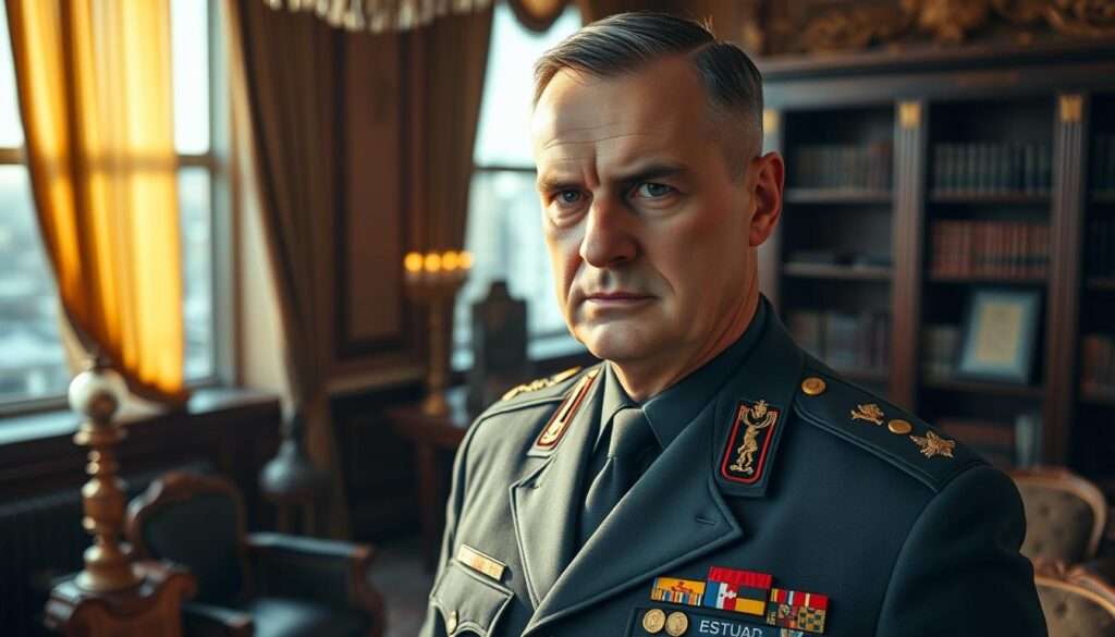 Portrait of a serious-looking Polish minister in uniform, standing in a formal government office. Soft warm lighting illuminates his face from the side, casting dramatic shadows. The background features ornate furniture, bookshelves, and a large window overlooking a city skyline. The minister's gaze is intense and authoritative, conveying a sense of power and gravitas. His uniform is meticulously tailored, with medals and insignia denoting his high rank and position. The overall atmosphere is one of solemn dignity and professional authority.