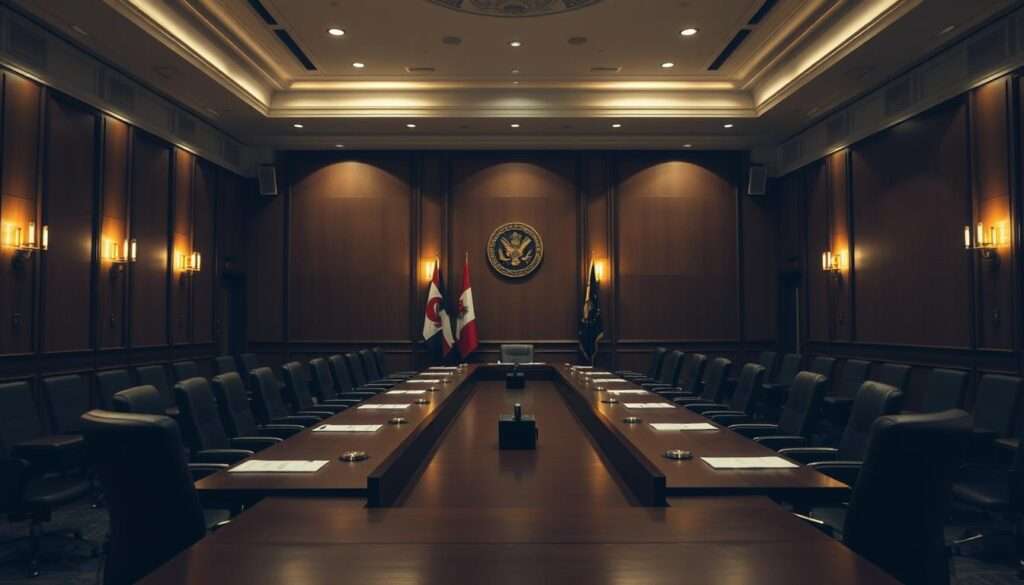 a formal diplomatic meeting room with a long conference table, chairs, and high-ceilinged walls, dimly lit with warm lighting, the room appears empty and unused, a sense of awkwardness and unease permeates the space, the lack of languages skills is evoked through the stillness and discomfort of the scene a formal diplomatic meeting room with a long conference table, chairs, and high-ceilinged walls, dimly lit with warm lighting, the room appears empty and unused, a sense of awkwardness and unease permeates the space, the lack of languages skills is evoked through the stillness and discomfort of the scene