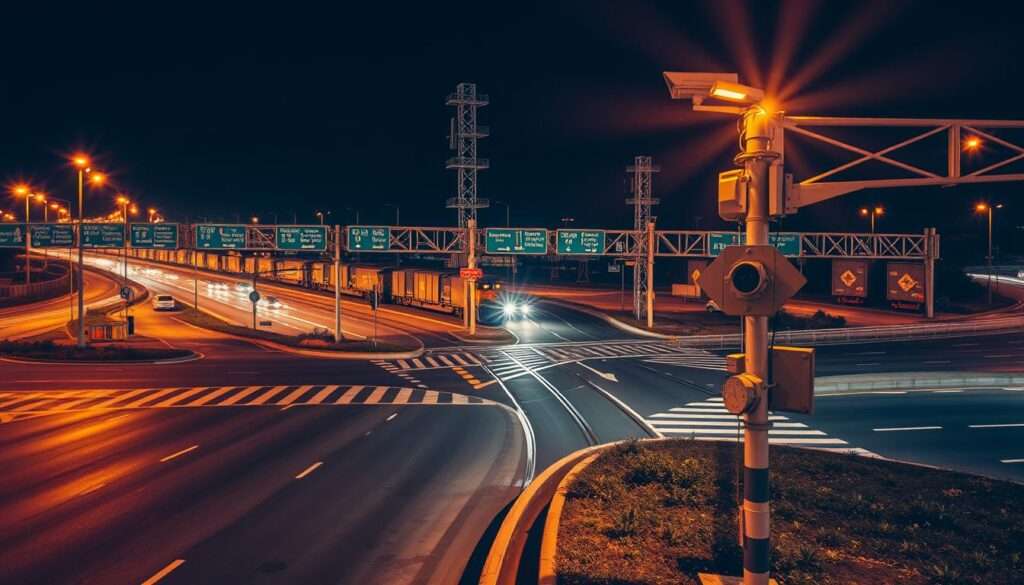 A bustling highway intersection with a railway crossing in the foreground. The scene is illuminated by the warm glow of streetlights, casting long shadows across the asphalt. In the middle ground, a cargo train slowly rumbles through the crossing, its headlight cutting through the night. In the background, a series of towering overhead gantry signs guide drivers, while a surveillance camera mounted on a pole monitors the traffic flow. The overall atmosphere is one of organized efficiency, with the various transportation modes coexisting harmoniously.