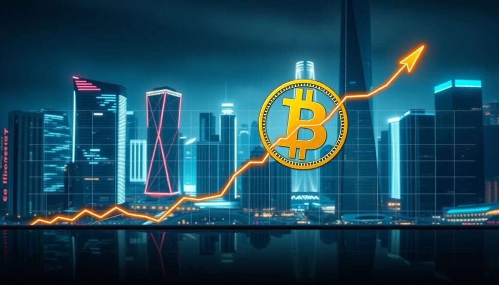 A detailed chart depicting the growth of Bitcoin's value over time, against a backdrop of a sleek, modern cityscape. The chart's lines should be crisp and vibrant, showing the steady upward trajectory of Bitcoin's price. The cityscape in the background should feature futuristic skyscrapers, neon lighting, and a sense of technological advancement, conveying the digital and innovative nature of the cryptocurrency. The lighting should be dramatic, with strong contrasts and highlights to emphasize the significance of the Bitcoin's value growth. The overall tone should be one of excitement, progress, and the promise of financial prosperity. A detailed chart depicting the growth of Bitcoin's value over time, against a backdrop of a sleek, modern cityscape. The chart's lines should be crisp and vibrant, showing the steady upward trajectory of Bitcoin's price. The cityscape in the background should feature futuristic skyscrapers, neon lighting, and a sense of technological advancement, conveying the digital and innovative nature of the cryptocurrency. The lighting should be dramatic, with strong contrasts and highlights to emphasize the significance of the Bitcoin's value growth. The overall tone should be one of excitement, progress, and the promise of financial prosperity.