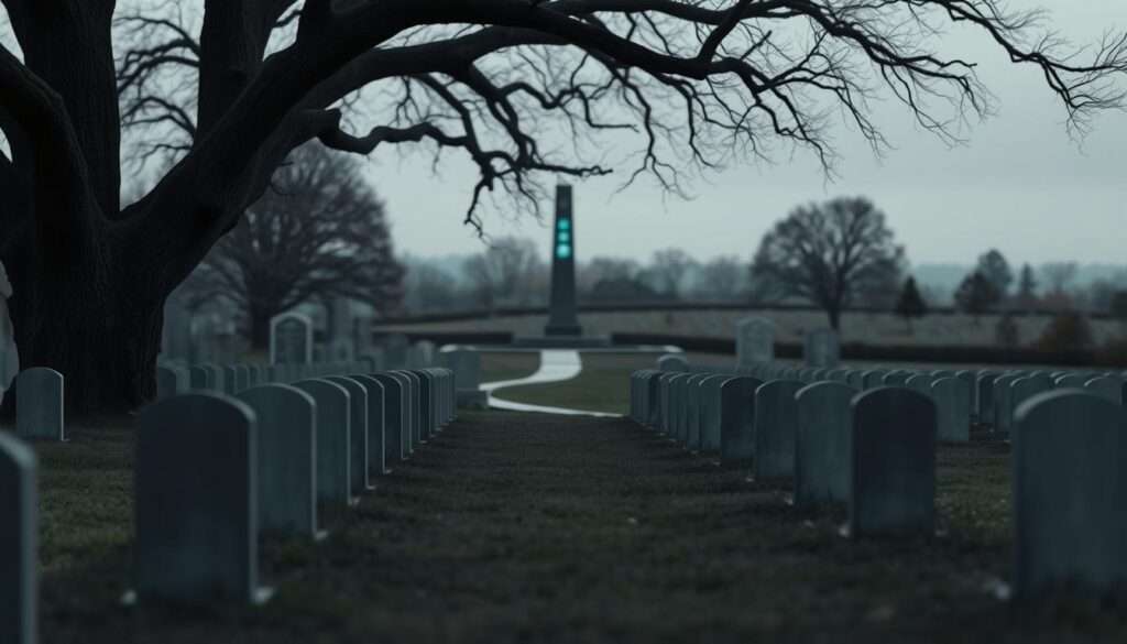 A digital cemetery landscape with an overcast, somber atmosphere. In the foreground, a row of gravestones rendered in a sleek, minimalist style, their surfaces reflecting the muted lighting. Towering oak trees frame the scene, their bare branches casting intricate shadows across the ground. In the middle distance, a path winds between the graves, leading the eye towards a central monument - a towering obelisk with a holographic display glowing softly. The background is blurred, hinting at a larger expanse of land, perhaps other sections of the cemetery, integrated with a network of sensors and digital interfaces. The overall mood is one of quiet contemplation, with the digital elements seamlessly blending with the natural setting.