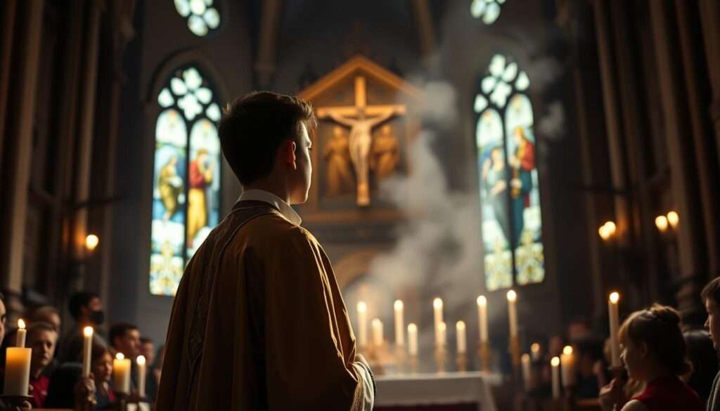 A dimly lit Roman Catholic church interior, the soft glow of candles illuminating the altar. A young priest, dressed in ornate vestments, stands before the congregation, his expression serene and reverent as he celebrates his first Mass, known as the "mszę prymicyjną." The air is thick with the scent of incense, and the stained-glass windows cast an ethereal light upon the scene, creating a sense of profound solemnity and spiritual transcendence. The congregation, their faces filled with awe and reverence, are captured in a moment of profound devotion, reflecting the significance and importance of this sacred rite. A dimly lit Roman Catholic church interior, the soft glow of candles illuminating the altar. A young priest, dressed in ornate vestments, stands before the congregation, his expression serene and reverent as he celebrates his first Mass, known as the "mszę prymicyjną." The air is thick with the scent of incense, and the stained-glass windows cast an ethereal light upon the scene, creating a sense of profound solemnity and spiritual transcendence. The congregation, their faces filled with awe and reverence, are captured in a moment of profound devotion, reflecting the significance and importance of this sacred rite.
