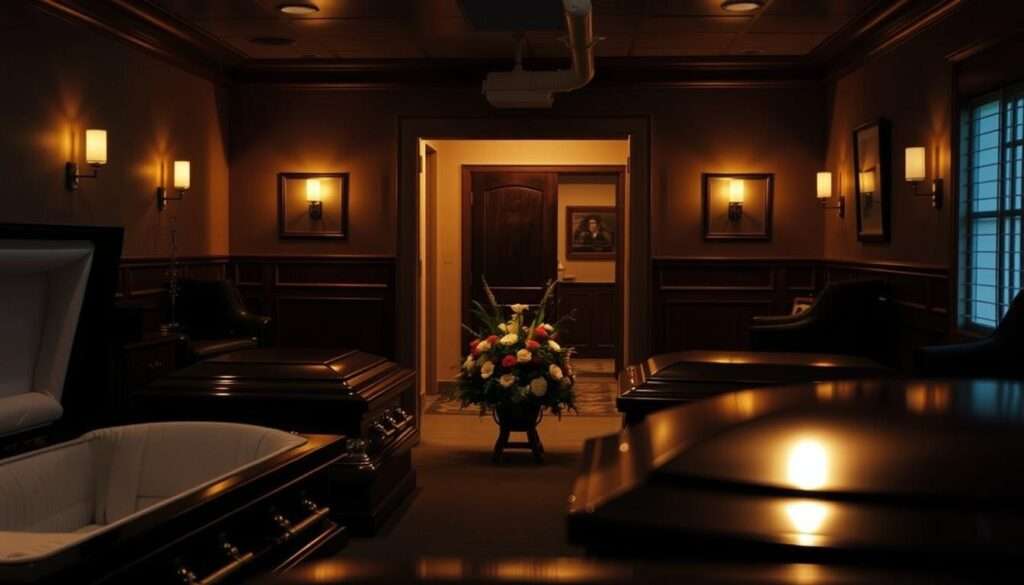 A dimly lit funeral home interior, with warm lighting casting shadows across somber wooden fixtures. In the foreground, a professional casket display showcases various models, their polished surfaces reflecting the subtle ambiance. In the middle ground, a tasteful arrangement of floral tributes stands as a testament to the care and attention given to the deceased. The background reveals a hallway leading to a private arrangement room, hinting at the discreet, dignified services offered to grieving families. The overall atmosphere conveys the reverence and solemnity of the funeral industry, adhering to the regulations and guidelines that govern this sensitive domain. A dimly lit funeral home interior, with warm lighting casting shadows across somber wooden fixtures. In the foreground, a professional casket display showcases various models, their polished surfaces reflecting the subtle ambiance. In the middle ground, a tasteful arrangement of floral tributes stands as a testament to the care and attention given to the deceased. The background reveals a hallway leading to a private arrangement room, hinting at the discreet, dignified services offered to grieving families. The overall atmosphere conveys the reverence and solemnity of the funeral industry, adhering to the regulations and guidelines that govern this sensitive domain.