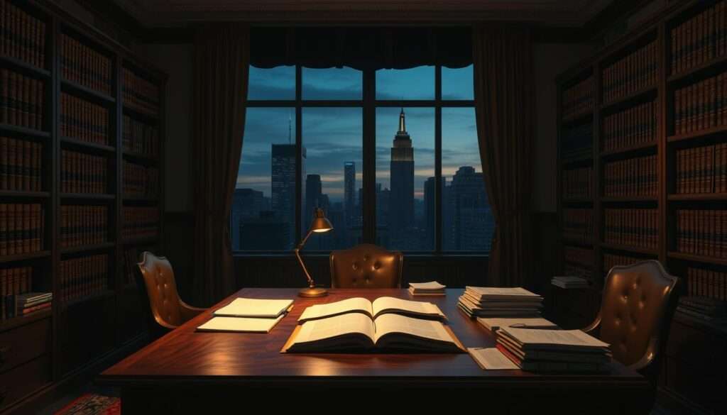 A dimly lit government office, the walls adorned with shelves of legal tomes and official documents. In the center, a large oak desk sits, flanked by two chairs. The desk is cluttered with stacks of papers, open ledgers, and a single brass desk lamp casting a warm glow. Through the window, the silhouettes of skyscrapers can be seen against a dusky sky, hinting at the bustling city beyond. The mood is one of serious contemplation, as if the viewer has stepped into a private moment of legislative deliberation. The scene captures the specific nature of budget laws - their complex procedures, their weighty importance, and the solemn atmosphere in which they are crafted. A dimly lit government office, the walls adorned with shelves of legal tomes and official documents. In the center, a large oak desk sits, flanked by two chairs. The desk is cluttered with stacks of papers, open ledgers, and a single brass desk lamp casting a warm glow. Through the window, the silhouettes of skyscrapers can be seen against a dusky sky, hinting at the bustling city beyond. The mood is one of serious contemplation, as if the viewer has stepped into a private moment of legislative deliberation. The scene captures the specific nature of budget laws - their complex procedures, their weighty importance, and the solemn atmosphere in which they are crafted.