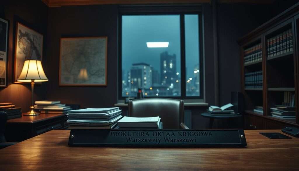 A dimly lit interior of a prosecutor's office in Warsaw, Poland. The foreground features a large oak desk with a nameplate that reads "Prokuratura Okręgowa w Warszawie." On the desk, a stack of case files and a desk lamp casting a warm glow. In the middle ground, a wall-mounted map of the city and a bookshelf filled with legal tomes. The background is hazy, with a window revealing a nighttime cityscape, suggesting the late hour and the gravity of the investigation at hand. The overall atmosphere is one of seriousness, diligence, and the pursuit of justice. A dimly lit interior of a prosecutor's office in Warsaw, Poland. The foreground features a large oak desk with a nameplate that reads "Prokuratura Okręgowa w Warszawie." On the desk, a stack of case files and a desk lamp casting a warm glow. In the middle ground, a wall-mounted map of the city and a bookshelf filled with legal tomes. The background is hazy, with a window revealing a nighttime cityscape, suggesting the late hour and the gravity of the investigation at hand. The overall atmosphere is one of seriousness, diligence, and the pursuit of justice.