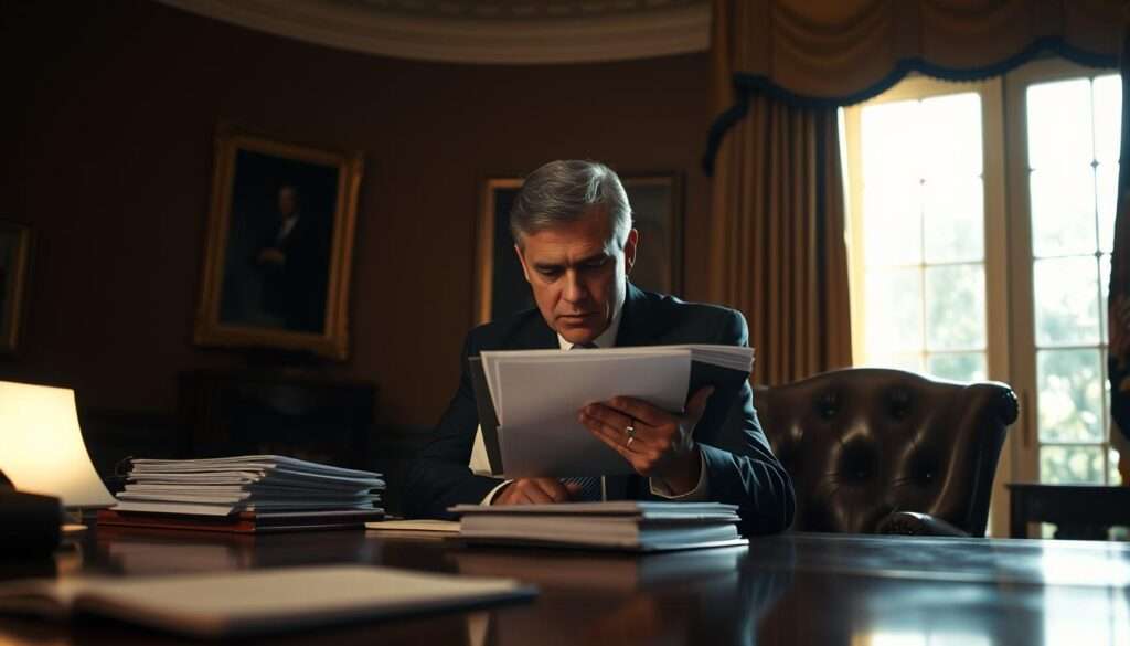 A dimly lit office scene, with a wooden desk and a leather chair in the foreground. In the middle ground, a serious-looking president in a suit is contemplating a stack of documents, his brow furrowed in concentration. The background features a large window, casting a warm, golden light onto the scene, suggesting a sense of contemplation and decision-making. The overall atmosphere is one of weighty responsibility and the gravity of the presidential duties, with a focus on the decision-making process regarding the signing of legislation. A dimly lit office scene, with a wooden desk and a leather chair in the foreground. In the middle ground, a serious-looking president in a suit is contemplating a stack of documents, his brow furrowed in concentration. The background features a large window, casting a warm, golden light onto the scene, suggesting a sense of contemplation and decision-making. The overall atmosphere is one of weighty responsibility and the gravity of the presidential duties, with a focus on the decision-making process regarding the signing of legislation.