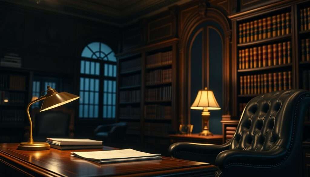 A dimly lit, ornate office interior with a sturdy oak desk and leather armchair in the foreground. On the desk, a stack of documents and a brass desk lamp casting a warm glow. In the middle ground, tall bookshelves line the walls, their shelves filled with leather-bound volumes. The background is softly blurred, hinting at more detailed architectural elements like arched windows and intricate moldings. The scene conveys a sense of authority, tradition, and the solemnity of insurance law and policy. A dimly lit, ornate office interior with a sturdy oak desk and leather armchair in the foreground. On the desk, a stack of documents and a brass desk lamp casting a warm glow. In the middle ground, tall bookshelves line the walls, their shelves filled with leather-bound volumes. The background is softly blurred, hinting at more detailed architectural elements like arched windows and intricate moldings. The scene conveys a sense of authority, tradition, and the solemnity of insurance law and policy.