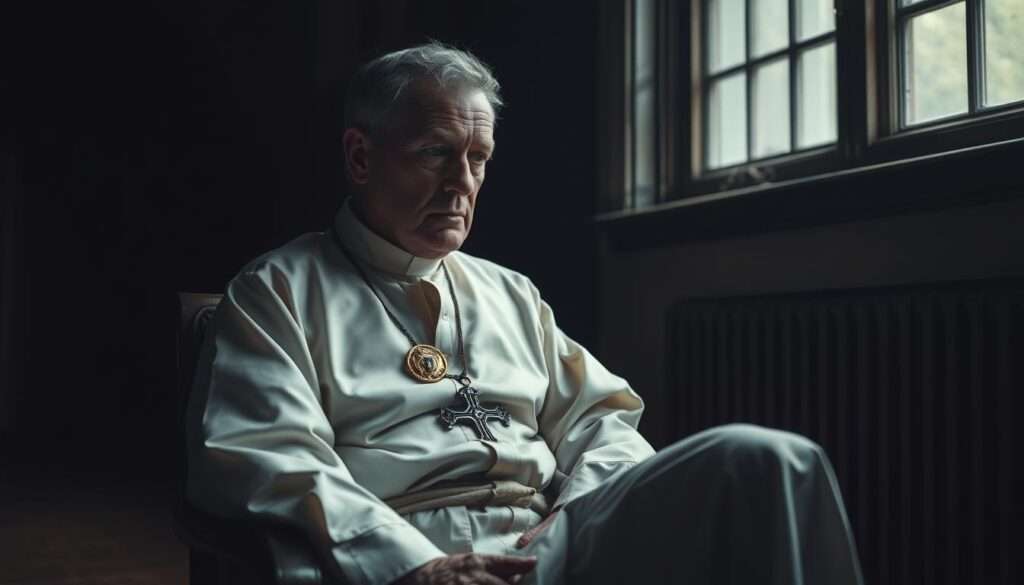 A dimly lit room, a priest's vestments cast aside, a vacant expression on a weathered face. The subject sits in contemplation, a sense of resignation permeating the scene. Muted colors, soft lighting, and a somber atmosphere convey the weight of a decision to step away from the priesthood. The framing is tight, emphasizing the solitary figure and the introspective mood. The viewer is drawn into the subject's inner turmoil, a moment of profound personal reckoning captured in a single, evocative image. A dimly lit room, a priest's vestments cast aside, a vacant expression on a weathered face. The subject sits in contemplation, a sense of resignation permeating the scene. Muted colors, soft lighting, and a somber atmosphere convey the weight of a decision to step away from the priesthood. The framing is tight, emphasizing the solitary figure and the introspective mood. The viewer is drawn into the subject's inner turmoil, a moment of profound personal reckoning captured in a single, evocative image.