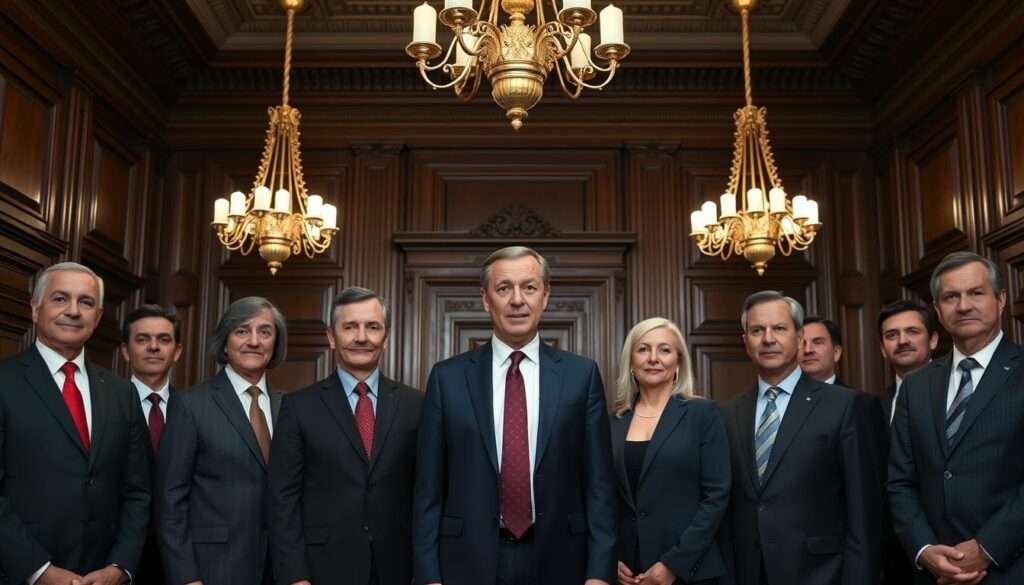A formal, composed group portrait of Donald Tusk's government cabinet, captured in a stately interior with ornate wooden paneling and high ceilings. Tusk stands in the center, flanked by his ministers in tailored suits, their expressions serious yet confident. Soft, even lighting from overhead chandeliers creates a sense of gravitas and authority. The composition is balanced and symmetrical, conveying a sense of unity and discipline within the administration. The overall mood is one of professionalism, power, and political stability. A formal, composed group portrait of Donald Tusk's government cabinet, captured in a stately interior with ornate wooden paneling and high ceilings. Tusk stands in the center, flanked by his ministers in tailored suits, their expressions serious yet confident. Soft, even lighting from overhead chandeliers creates a sense of gravitas and authority. The composition is balanced and symmetrical, conveying a sense of unity and discipline within the administration. The overall mood is one of professionalism, power, and political stability.