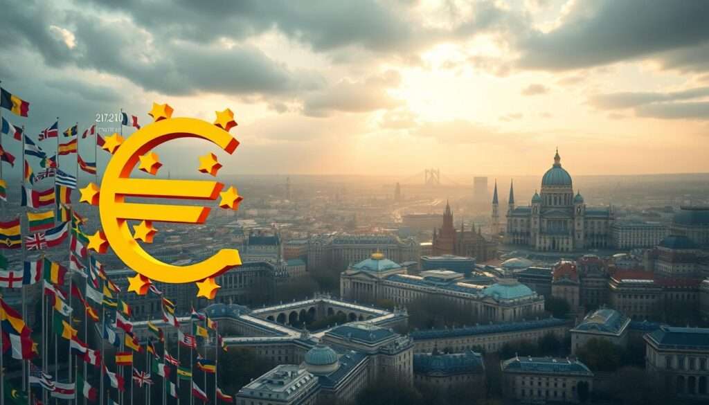 A grand historical tapestry of the European Union's journey with the euro, captured in a cinematic wide-angle view. In the foreground, the iconic euro symbol casts a warm glow, surrounded by a swirling mosaic of national flags, representing the diverse member states. The middle ground features a panoramic skyline of European architectural landmarks, conveying a sense of unity and progress. In the distance, a timeline of key events unfolds, charting the euro's evolution from its inception to its widespread adoption, all under the watchful eye of a dramatic, soft-lit sky that evokes the weight of history. A grand historical tapestry of the European Union's journey with the euro, captured in a cinematic wide-angle view. In the foreground, the iconic euro symbol casts a warm glow, surrounded by a swirling mosaic of national flags, representing the diverse member states. The middle ground features a panoramic skyline of European architectural landmarks, conveying a sense of unity and progress. In the distance, a timeline of key events unfolds, charting the euro's evolution from its inception to its widespread adoption, all under the watchful eye of a dramatic, soft-lit sky that evokes the weight of history.