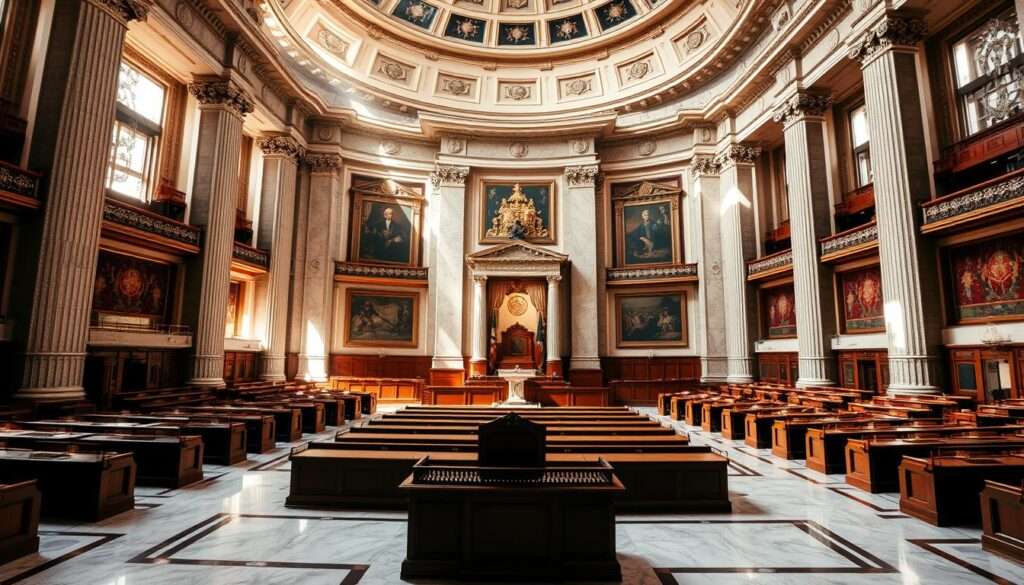 A grand parliamentary hall, with polished marble floors and towering columns supporting a domed ceiling. Sunlight streams in through tall windows, casting a warm glow on the ornate furniture and intricate tapestries adorning the walls. At the front, an elevated platform holds the Speaker's chair, while rows of wooden benches stretch out before it, ready to host the nation's lawmakers. In the background, the complementary chamber of the Senate can be seen, connected by ornate archways. The scene conveys a sense of history, tradition, and the solemn responsibilities of the legislative branch. A grand parliamentary hall, with polished marble floors and towering columns supporting a domed ceiling. Sunlight streams in through tall windows, casting a warm glow on the ornate furniture and intricate tapestries adorning the walls. At the front, an elevated platform holds the Speaker's chair, while rows of wooden benches stretch out before it, ready to host the nation's lawmakers. In the background, the complementary chamber of the Senate can be seen, connected by ornate archways. The scene conveys a sense of history, tradition, and the solemn responsibilities of the legislative branch.