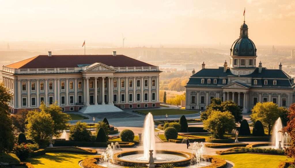 A grand presidential palace stands majestically, its stately facade adorned with intricate architectural details. Beside it, the iconic Belweder residence, a historical landmark of equal grandeur. The scene is bathed in warm, golden light, casting a timeless, regal atmosphere. In the foreground, lush greenery and elegant fountains draw the eye, while the background reveals a sprawling cityscape, hinting at the seat of power within. Carefully composed, the image captures the contrast and interplay between the two distinctive structures, symbolizing the official residence and office of the President of the Republic of Poland.