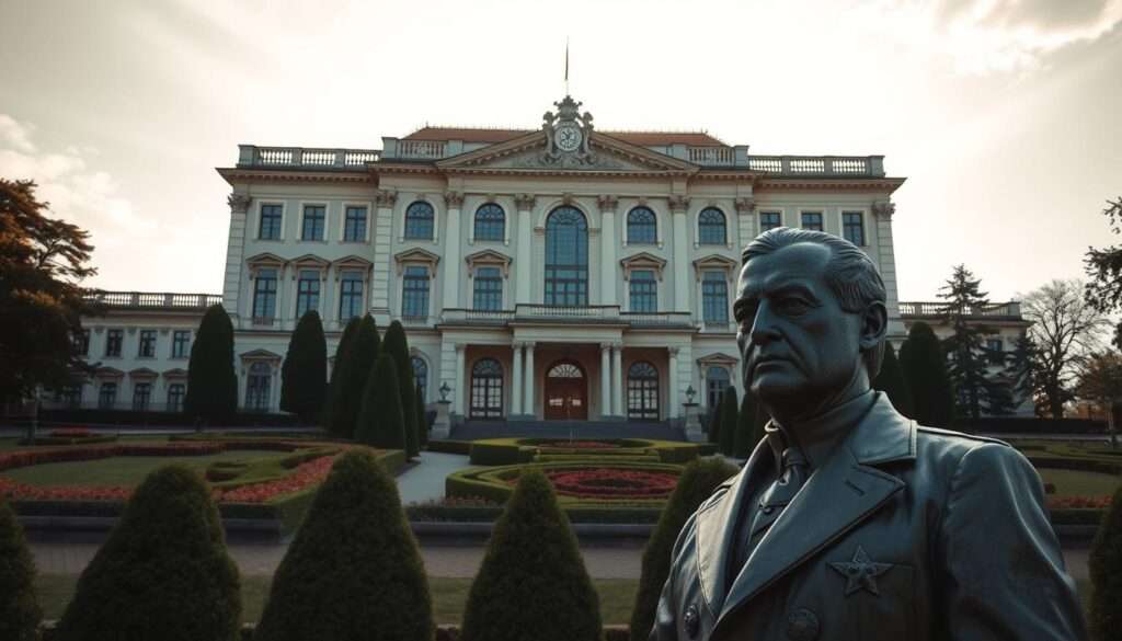 A grand presidential palace stands tall, its neo-baroque architecture reflecting the grandeur of Poland's political legacy. Sunlight streams through stained glass windows, casting a warm, regal glow over the ornate interiors. Manicured gardens surround the edifice, adding a serene, contemplative atmosphere. In the foreground, a statue of an esteemed former president gazes solemnly, embodying the significance and weight of the office. The scene conveys a sense of tradition, authority and the profound impact a presidency can have on a nation. A grand presidential palace stands tall, its neo-baroque architecture reflecting the grandeur of Poland's political legacy. Sunlight streams through stained glass windows, casting a warm, regal glow over the ornate interiors. Manicured gardens surround the edifice, adding a serene, contemplative atmosphere. In the foreground, a statue of an esteemed former president gazes solemnly, embodying the significance and weight of the office. The scene conveys a sense of tradition, authority and the profound impact a presidency can have on a nation.