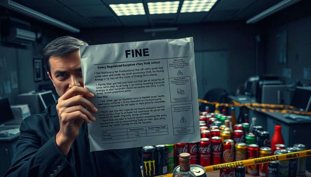 A high-contrast, cinematic image depicting the consequences of violating regulations on the sale of energy drinks. In the foreground, a stern-faced government official holds up a large fine notice, the text clearly legible. The middle ground showcases an array of various energy drink cans and bottles, surrounded by warning symbols and hazard tape, suggesting the illicit nature of their sale. In the background, a dimly lit office environment with desks, filing cabinets, and surveillance cameras, creating a sense of authority and enforcement. Dramatic lighting casts deep shadows, heightening the somber, cautionary tone. The overall composition conveys the gravity and serious ramifications of non-compliance with energy drink sales laws. A high-contrast, cinematic image depicting the consequences of violating regulations on the sale of energy drinks. In the foreground, a stern-faced government official holds up a large fine notice, the text clearly legible. The middle ground showcases an array of various energy drink cans and bottles, surrounded by warning symbols and hazard tape, suggesting the illicit nature of their sale. In the background, a dimly lit office environment with desks, filing cabinets, and surveillance cameras, creating a sense of authority and enforcement. Dramatic lighting casts deep shadows, heightening the somber, cautionary tone. The overall composition conveys the gravity and serious ramifications of non-compliance with energy drink sales laws.