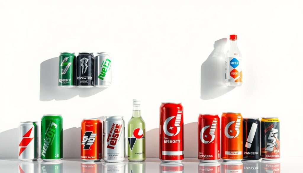A high-definition, photorealistic image of an array of various energy drink cans and bottles against a clean, minimalist white background. The cans and bottles are arranged in a visually appealing, symmetrical pattern, casting soft shadows that add depth and dimension. The lighting is soft and natural, highlighting the vibrant colors and distinct branding of the different energy drink products. The overall composition is sleek, modern, and captures the essence of energy drinks in a sophisticated, analytical manner. A high-definition, photorealistic image of an array of various energy drink cans and bottles against a clean, minimalist white background. The cans and bottles are arranged in a visually appealing, symmetrical pattern, casting soft shadows that add depth and dimension. The lighting is soft and natural, highlighting the vibrant colors and distinct branding of the different energy drink products. The overall composition is sleek, modern, and captures the essence of energy drinks in a sophisticated, analytical manner.