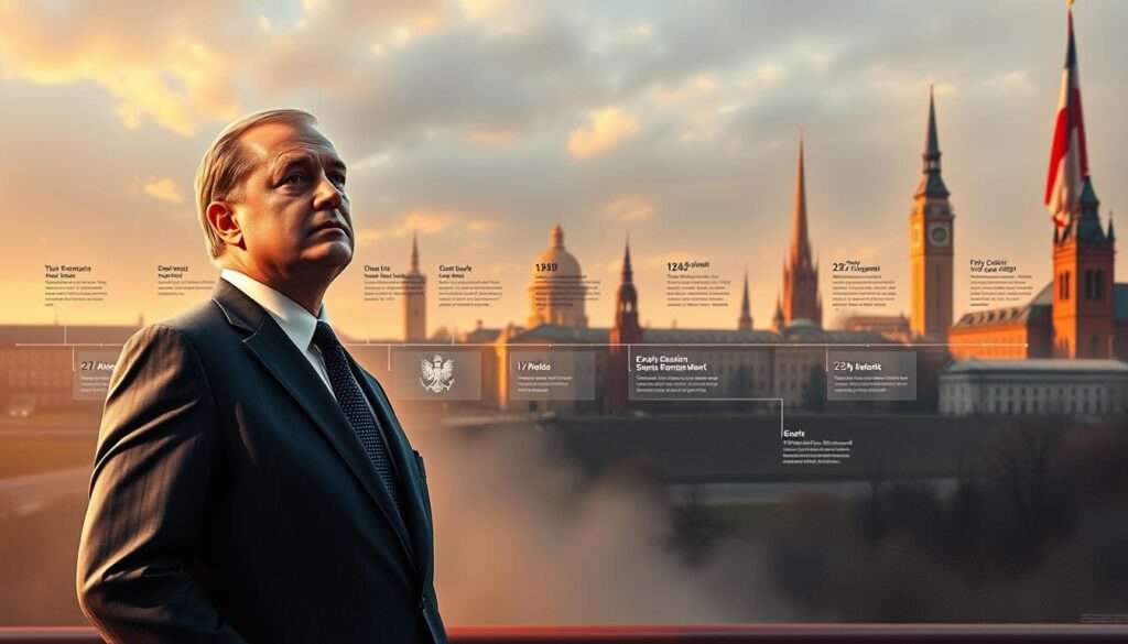 A high-resolution digital painting of Andrzej Duda's political career, depicted as a dynamic timeline unfolding against a backdrop of the Polish government and national landmarks. In the foreground, Duda stands confidently, dressed in a tailored suit, his expression thoughtful as he surveys the path ahead. The middle ground showcases key events and milestones - his early political involvement, the journey to the presidency, and significant policy decisions. The background features the iconic architecture of Warsaw, conveying a sense of national pride and the gravity of Duda's role. Warm lighting casts an aura of determination, while a subtle haze suggests the complexities and challenges inherent in a life in politics. The overall composition captures the essence of Andrzej Duda's political career, from its humble beginnings to its present-day prominence. A high-resolution digital painting of Andrzej Duda's political career, depicted as a dynamic timeline unfolding against a backdrop of the Polish government and national landmarks. In the foreground, Duda stands confidently, dressed in a tailored suit, his expression thoughtful as he surveys the path ahead. The middle ground showcases key events and milestones - his early political involvement, the journey to the presidency, and significant policy decisions. The background features the iconic architecture of Warsaw, conveying a sense of national pride and the gravity of Duda's role. Warm lighting casts an aura of determination, while a subtle haze suggests the complexities and challenges inherent in a life in politics. The overall composition captures the essence of Andrzej Duda's political career, from its humble beginnings to its present-day prominence.