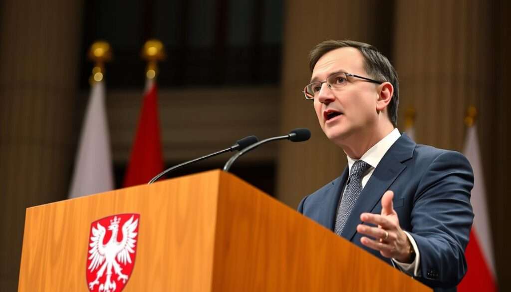 A high-resolution photograph of a podium with a microphone, against a blurred background of a government building or political setting. The podium displays the coat of arms or logo of the Polish government. The Prime Minister, Mateusz Morawiecki, stands behind the podium, gesturing and speaking animatedly. The lighting is bright and directional, highlighting the Prime Minister's face and upper body. The overall scene conveys a sense of authority, seriousness, and the importance of the Prime Minister's remarks on the price of bread. A high-resolution photograph of a podium with a microphone, against a blurred background of a government building or political setting. The podium displays the coat of arms or logo of the Polish government. The Prime Minister, Mateusz Morawiecki, stands behind the podium, gesturing and speaking animatedly. The lighting is bright and directional, highlighting the Prime Minister's face and upper body. The overall scene conveys a sense of authority, seriousness, and the importance of the Prime Minister's remarks on the price of bread.