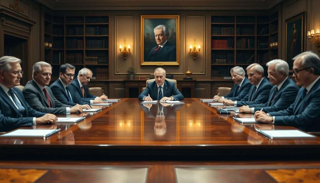 A high-resolution, photorealistic image of the government of Donald Tusk, Poland's former Prime Minister. The scene depicts a formal cabinet meeting, with Tusk seated at the head of a long, polished wooden table, surrounded by his ministers and advisors. The lighting is warm and focused, highlighting the serious expressions and professional attire of the participants. The background is a spacious, well-appointed government office, with bookshelves, artwork, and other details that convey a sense of authority and gravitas. The overall mood is one of measured seriousness and focused, high-level decision-making. A high-resolution, photorealistic image of the government of Donald Tusk, Poland's former Prime Minister. The scene depicts a formal cabinet meeting, with Tusk seated at the head of a long, polished wooden table, surrounded by his ministers and advisors. The lighting is warm and focused, highlighting the serious expressions and professional attire of the participants. The background is a spacious, well-appointed government office, with bookshelves, artwork, and other details that convey a sense of authority and gravitas. The overall mood is one of measured seriousness and focused, high-level decision-making.