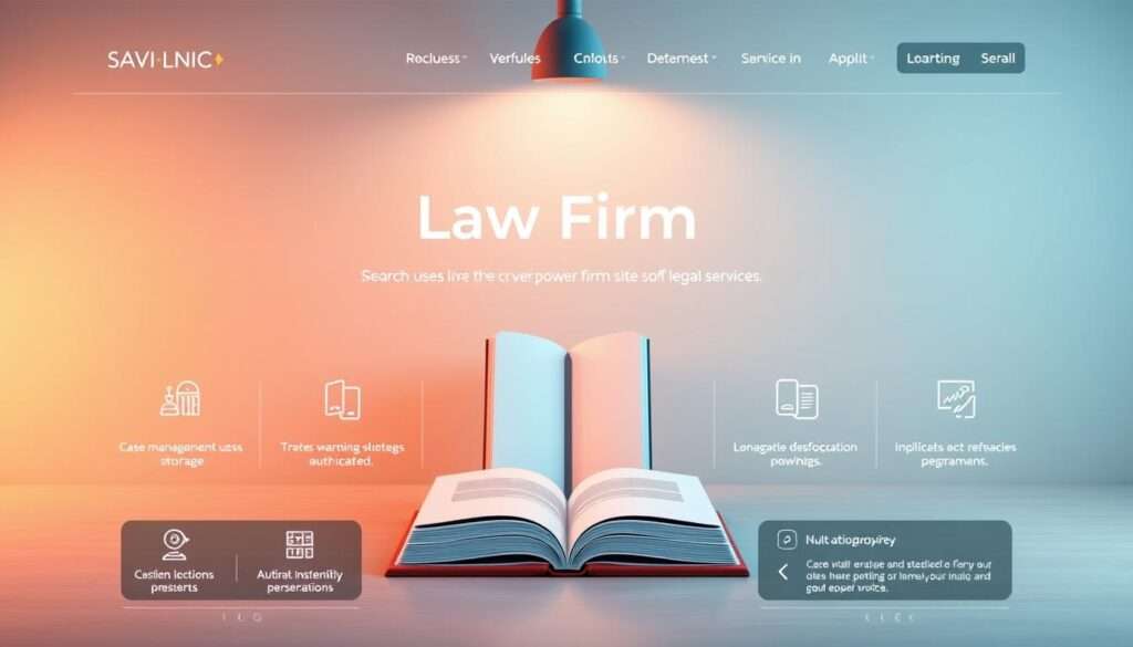 A modern law firm's website, showcasing its suite of legal services. A clean, minimalist interface with intuitive navigation. In the foreground, sleek icons and infographics illustrate key functionalities, from case management to document storage. The middle ground features a stylized 3D model of a law book, symbolizing the firm's knowledge and expertise. In the background, a subtle gradient evokes a sense of professionalism and authority. Warm lighting from above casts a soft glow, creating an inviting and trustworthy atmosphere. The overall composition conveys the site's user-friendly design and the firm's commitment to providing exceptional legal services.
