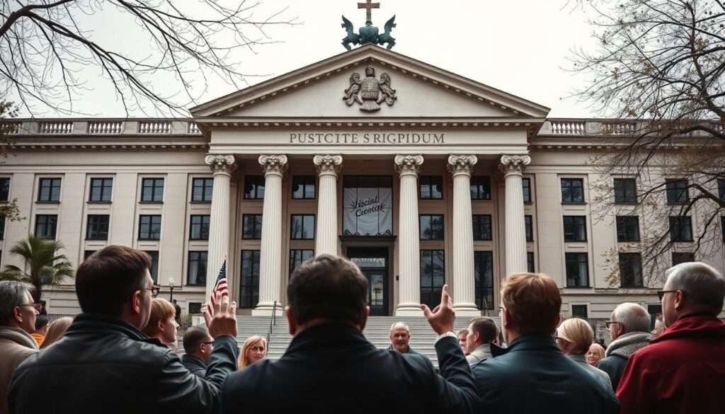 A modern-looking Polish courthouse with a majestic facade, its grand architecture reflecting the weight and gravitas of the judicial system. In the foreground, a group of citizens engaged in animated discussion, gesturing towards the building - a scene of civic engagement and public discourse around the topic of judicial reform. The lighting is soft and diffused, creating a pensive, thoughtful atmosphere. The composition is balanced, with the courthouse anchoring the center and the people clustered organically around it. The overall scene conveys the sense of a significant public issue being debated and considered by the people. A modern-looking Polish courthouse with a majestic facade, its grand architecture reflecting the weight and gravitas of the judicial system. In the foreground, a group of citizens engaged in animated discussion, gesturing towards the building - a scene of civic engagement and public discourse around the topic of judicial reform. The lighting is soft and diffused, creating a pensive, thoughtful atmosphere. The composition is balanced, with the courthouse anchoring the center and the people clustered organically around it. The overall scene conveys the sense of a significant public issue being debated and considered by the people.