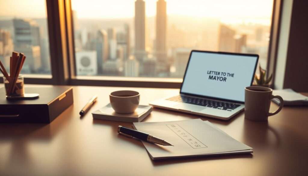 A neatly organized desk with a clean, modern aesthetic. On the surface, a fountain pen, a stack of high-quality stationery, and a cup of fresh coffee. In the foreground, a laptop displays a document titled "Letter to the Mayor". In the background, a large window overlooking a bustling city skyline, bathed in warm, golden afternoon light. The scene conveys a sense of professionalism, attention to detail, and a focused determination to craft an effective correspondence. A neatly organized desk with a clean, modern aesthetic. On the surface, a fountain pen, a stack of high-quality stationery, and a cup of fresh coffee. In the foreground, a laptop displays a document titled "Letter to the Mayor". In the background, a large window overlooking a bustling city skyline, bathed in warm, golden afternoon light. The scene conveys a sense of professionalism, attention to detail, and a focused determination to craft an effective correspondence.