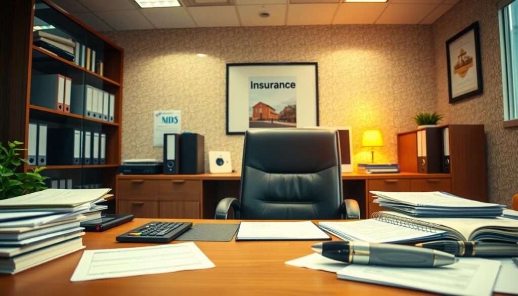 A professional office interior with a desk, chair, and various insurance-related documents and equipment. A mid-shot angle that captures the essential elements of an insurance provider's workspace. The lighting is warm and inviting, creating a sense of professionalism and efficiency. The background features subtle patterns and textures, such as wallpapers or shelving, to reinforce the insurance industry setting. The overall composition emphasizes the responsibilities and tasks associated with an insurance provider's duties, conveying a sense of diligence and attention to detail. A professional office interior with a desk, chair, and various insurance-related documents and equipment. A mid-shot angle that captures the essential elements of an insurance provider's workspace. The lighting is warm and inviting, creating a sense of professionalism and efficiency. The background features subtle patterns and textures, such as wallpapers or shelving, to reinforce the insurance industry setting. The overall composition emphasizes the responsibilities and tasks associated with an insurance provider's duties, conveying a sense of diligence and attention to detail.