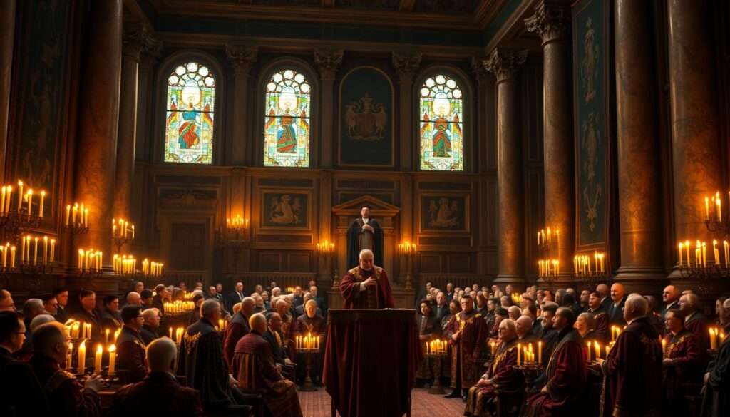 A solemn gathering of nobility and clergy in an ornate parliamentary chamber, bathed in warm candlelight. In the foreground, the presiding marshal sits elevated, overseeing the proceedings. Surrounding him, rows of delegates in rich, brocaded robes deliberate intently. In the background, stained glass windows cast a reverent glow, while imposing columns and tapestries suggest the grandeur and significance of the Four-Year Sejm. A sense of historical weight and political tension permeates the scene, capturing the momentous events that would shape the future of the Polish-Lithuanian Commonwealth.