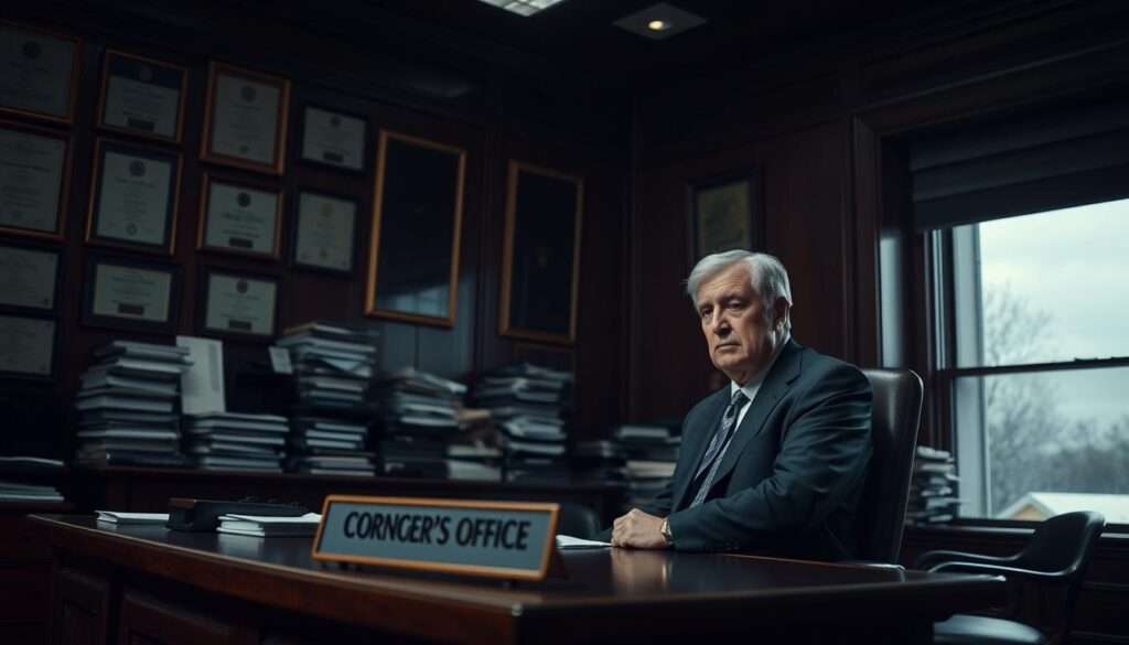 A somber and dimly lit interior of a government office, featuring a large mahogany desk with a nameplate reading "Coroner's Office". In the foreground, a middle-aged official in a crisp suit sits contemplatively, surrounded by stacks of files and medical equipment. The walls are adorned with certificates and diplomas, conveying an atmosphere of authority and expertise. The lighting is subdued, casting dramatic shadows and lending an air of solemnity to the scene. A window in the background offers a glimpse of a gloomy, overcast day outside, reinforcing the serious nature of the coroner's work. The overall composition suggests the gravity and controversy associated with this important yet often misunderstood legal institution.