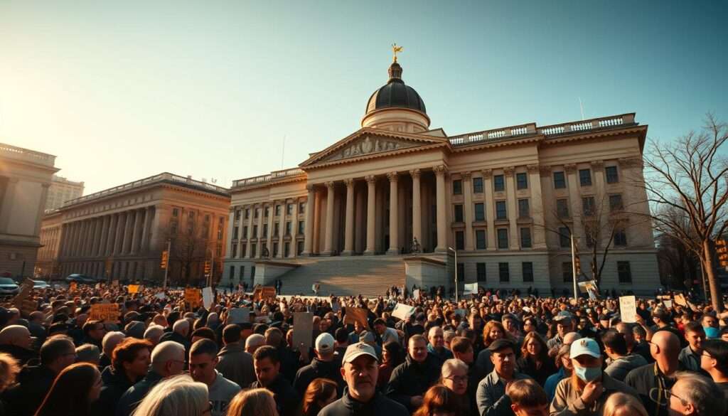 A sweeping, panoramic view of an imposing government building, its grand neoclassical facade bathed in warm, golden light. In the foreground, a crowd of concerned citizens gathers, their faces etched with determination as they protest pension reform. Behind them, the bustling streets of a vibrant city stretch out, a visual representation of the broader societal impact of this pivotal policy change. The scene is captured with a cinematic, wide-angle lens, evoking a sense of momentous historical significance. The overall mood is one of gravity and civic engagement, reflecting the high stakes and far-reaching consequences of the pension system overhaul. A sweeping, panoramic view of an imposing government building, its grand neoclassical facade bathed in warm, golden light. In the foreground, a crowd of concerned citizens gathers, their faces etched with determination as they protest pension reform. Behind them, the bustling streets of a vibrant city stretch out, a visual representation of the broader societal impact of this pivotal policy change. The scene is captured with a cinematic, wide-angle lens, evoking a sense of momentous historical significance. The overall mood is one of gravity and civic engagement, reflecting the high stakes and far-reaching consequences of the pension system overhaul.