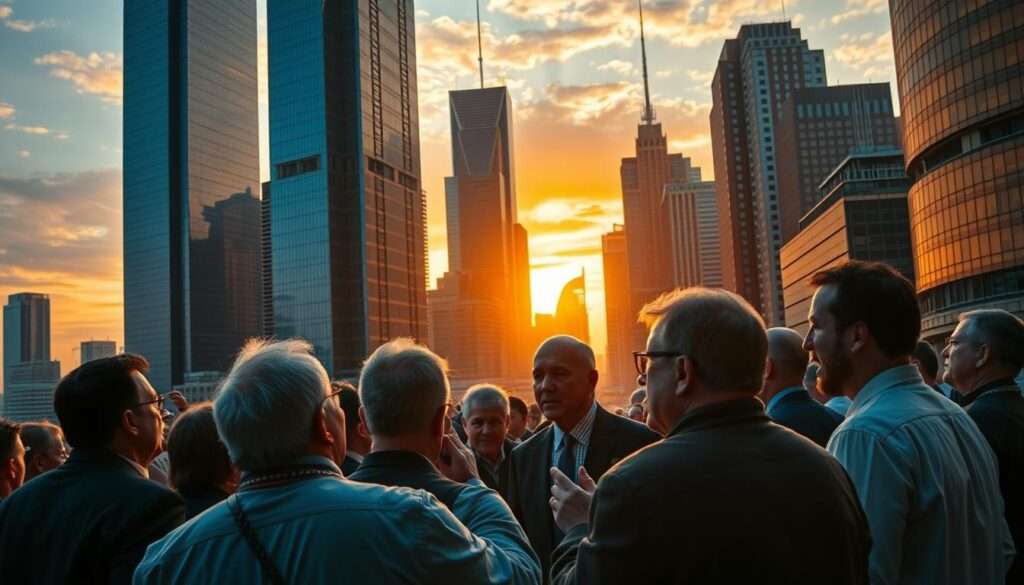 A vibrant cityscape with towering skyscrapers, their glass facades reflecting the golden hues of a sunset sky. In the foreground, a group of people engaged in heated discussions, gesticulating animatedly as they debate the future of the cryptocurrency market. The mood is one of urgency and anticipation, as the city bustles with the energy of financial innovation. The lighting is dramatic, casting long shadows and highlighting the dynamism of the scene. The camera angle is slightly elevated, providing a sweeping view of the urban landscape and the spirited negotiations taking place within it. This image captures the political context and future prospects of the cryptocurrency market, a world of possibilities and uncertainties. A vibrant cityscape with towering skyscrapers, their glass facades reflecting the golden hues of a sunset sky. In the foreground, a group of people engaged in heated discussions, gesticulating animatedly as they debate the future of the cryptocurrency market. The mood is one of urgency and anticipation, as the city bustles with the energy of financial innovation. The lighting is dramatic, casting long shadows and highlighting the dynamism of the scene. The camera angle is slightly elevated, providing a sweeping view of the urban landscape and the spirited negotiations taking place within it. This image captures the political context and future prospects of the cryptocurrency market, a world of possibilities and uncertainties.
