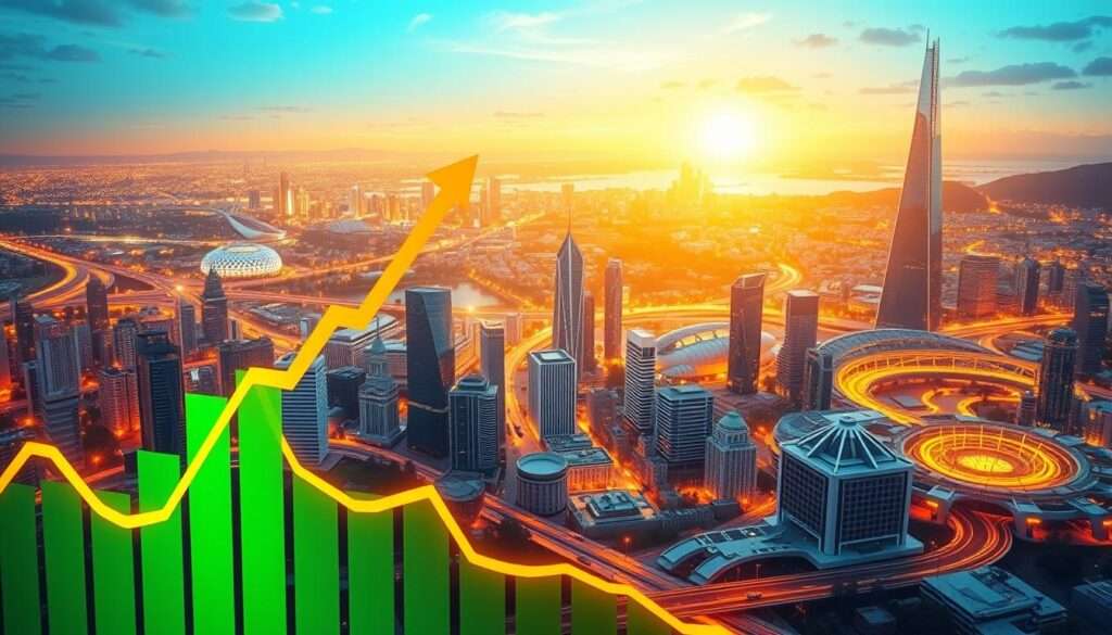 A vibrant, futuristic illustration showcasing the economic benefits of the euro currency adoption. In the foreground, a dynamic graph displays the upward trajectory of key economic indicators, such as GDP, trade, and foreign investment. The middle ground features a bustling cityscape with modern skyscrapers and efficient transportation systems, symbolizing the increased economic opportunities. In the background, a panoramic view of a thriving, technologically-advanced nation, illuminated by warm, golden lighting to convey a sense of prosperity and progress. The overall scene exudes a feeling of optimism, growth, and the transformative power of joining the Eurozone. A vibrant, futuristic illustration showcasing the economic benefits of the euro currency adoption. In the foreground, a dynamic graph displays the upward trajectory of key economic indicators, such as GDP, trade, and foreign investment. The middle ground features a bustling cityscape with modern skyscrapers and efficient transportation systems, symbolizing the increased economic opportunities. In the background, a panoramic view of a thriving, technologically-advanced nation, illuminated by warm, golden lighting to convey a sense of prosperity and progress. The overall scene exudes a feeling of optimism, growth, and the transformative power of joining the Eurozone.