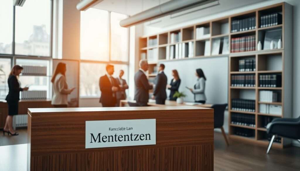A well-lit, modern office interior with a focus on the organizational structure of the Mentzen law firm. In the foreground, a large wooden desk with a professional nameplate "Kancelaria Mentzen" stands prominently. Behind it, a sleek, minimalist bookshelf displays an array of legal volumes. In the middle ground, several employees are engaged in focused discussions, their body language conveying a sense of efficiency and collaboration. The background showcases expansive windows, allowing natural light to flood the space and create a warm, welcoming atmosphere. The overall impression is one of a well-oiled, prestigious legal operation. A well-lit, modern office interior with a focus on the organizational structure of the Mentzen law firm. In the foreground, a large wooden desk with a professional nameplate "Kancelaria Mentzen" stands prominently. Behind it, a sleek, minimalist bookshelf displays an array of legal volumes. In the middle ground, several employees are engaged in focused discussions, their body language conveying a sense of efficiency and collaboration. The background showcases expansive windows, allowing natural light to flood the space and create a warm, welcoming atmosphere. The overall impression is one of a well-oiled, prestigious legal operation.