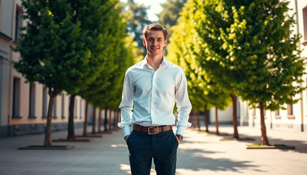 A young Andrzej Duda, dressed in a crisp white shirt and navy blue slacks, stands confidently in a sunny courtyard. The warm sunlight illuminates his youthful features, casting a soft glow on his face. In the background, a row of lush, green trees sway gently in the breeze, adding to the serene atmosphere. The composition is balanced, with Duda positioned slightly off-center, creating a sense of dynamic energy. The scene captures the essence of Duda's early years, radiating a sense of potential and optimism that foreshadows his future ascent to the presidency. A young Andrzej Duda, dressed in a crisp white shirt and navy blue slacks, stands confidently in a sunny courtyard. The warm sunlight illuminates his youthful features, casting a soft glow on his face. In the background, a row of lush, green trees sway gently in the breeze, adding to the serene atmosphere. The composition is balanced, with Duda positioned slightly off-center, creating a sense of dynamic energy. The scene captures the essence of Duda's early years, radiating a sense of potential and optimism that foreshadows his future ascent to the presidency.