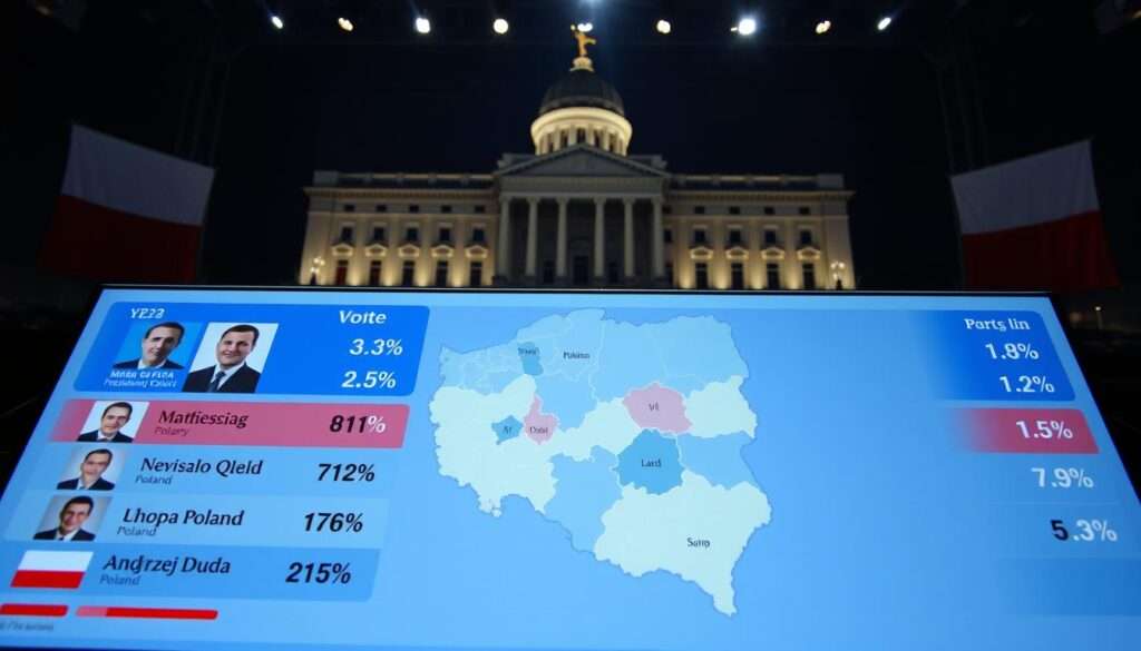 An image of the results of the 2015 Polish presidential election, captured with a high-resolution camera and dramatic lighting. The foreground showcases the key candidates, their party affiliations, and the vote percentages they received, presented in a clear and visually striking manner. The middle ground depicts the overall electoral map, highlighting the regional distribution of votes across Poland. The background features the national parliament building, symbolizing the institutional context of the election. The scene conveys a sense of political significance and historical importance, reflecting the pivotal moment when Andrzej Duda was elected as the President of Poland. An image of the results of the 2015 Polish presidential election, captured with a high-resolution camera and dramatic lighting. The foreground showcases the key candidates, their party affiliations, and the vote percentages they received, presented in a clear and visually striking manner. The middle ground depicts the overall electoral map, highlighting the regional distribution of votes across Poland. The background features the national parliament building, symbolizing the institutional context of the election. The scene conveys a sense of political significance and historical importance, reflecting the pivotal moment when Andrzej Duda was elected as the President of Poland.