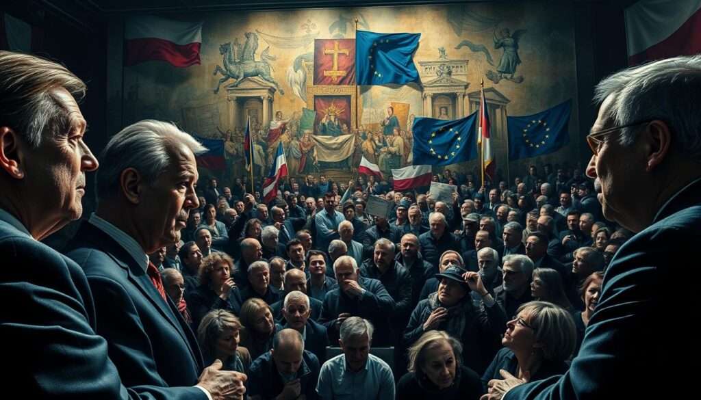 An intricate tapestry of societal divisions surrounding the adoption of the Euro in Poland. A foreground featuring opposing political figures engaged in heated debate, their expressions conveying the polarized discourse. In the middle ground, a diverse crowd of citizens reflecting the complex social dynamics - some enthusiastic supporters, others skeptical onlookers. The background painted with symbolic imagery, such as the Polish and European flags intertwined, capturing the essence of the national and regional tensions. Dramatic lighting casts dramatic shadows, heightening the sense of gravity. Captured through a wide-angle lens to emphasize the scale and breadth of the sociopolitical landscape. An atmosphere of intensity and anticipation permeates the scene, reflecting the high-stakes nature of the Euro adoption decision. An intricate tapestry of societal divisions surrounding the adoption of the Euro in Poland. A foreground featuring opposing political figures engaged in heated debate, their expressions conveying the polarized discourse. In the middle ground, a diverse crowd of citizens reflecting the complex social dynamics - some enthusiastic supporters, others skeptical onlookers. The background painted with symbolic imagery, such as the Polish and European flags intertwined, capturing the essence of the national and regional tensions. Dramatic lighting casts dramatic shadows, heightening the sense of gravity. Captured through a wide-angle lens to emphasize the scale and breadth of the sociopolitical landscape. An atmosphere of intensity and anticipation permeates the scene, reflecting the high-stakes nature of the Euro adoption decision.