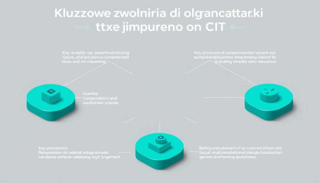 Detailed illustration of tax exemptions for corporate income tax (CIT) in Poland. Striking a balance between technical precision and visual appeal. Centered composition with a clean, modern aesthetic. Muted color palette of grays, blues, and greens to convey a sense of authority and professionalism. Subtle gradient backgrounds and geometric shapes to frame the core elements. Isometric perspective showcasing key provisions and exceptions within the tax code. Crisp, high-resolution rendering with a slight depth of field for added depth and focus. Overall, a visually compelling and informative image to complement the "Kluczowe zwolnienia i ograniczenia podatkowe" section of the article.