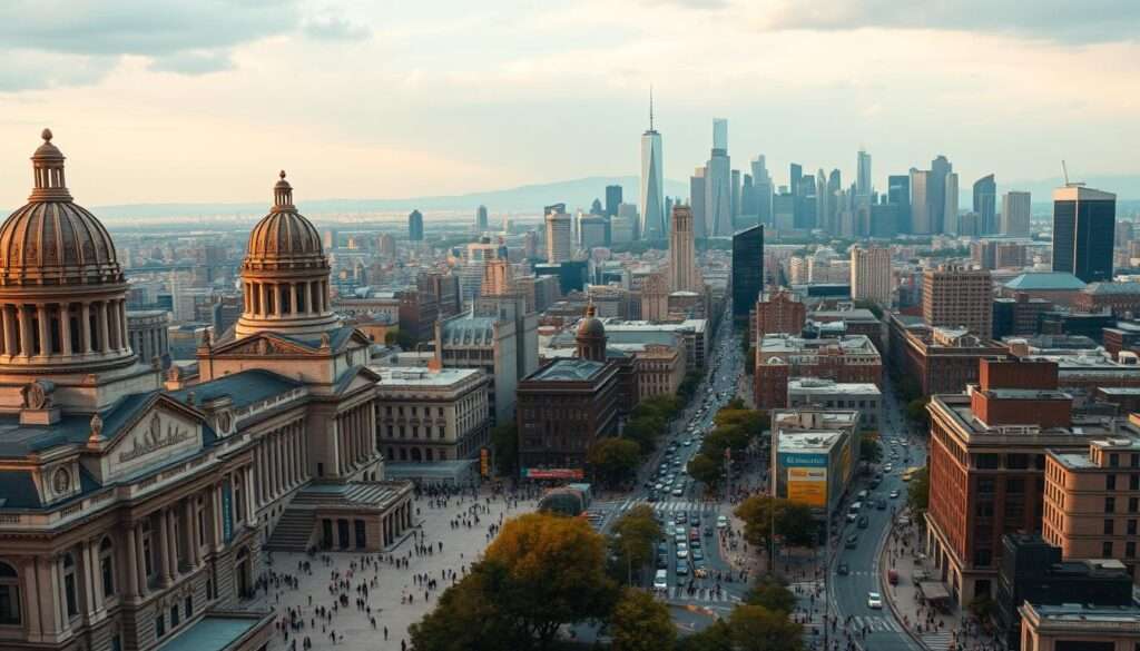 Panoramic view of a bustling urban landscape, showcasing the economic context of inflation. In the foreground, a large, imposing government building stands tall, its ornate architecture a symbol of fiscal power. In the middle ground, a busy commercial district teems with activity - people hurry along the sidewalks, vehicles clog the streets, and the facades of shops and office towers hint at the complex financial ecosystem. In the distant background, a range of towering skyscrapers pierce the sky, representing the interconnected global economy. The scene is illuminated by warm, golden-hued lighting, casting a sense of unease and uncertainty over the proceedings. The overall composition conveys the multi-faceted, systemic nature of the inflationary pressures affecting the national and international economic context. Panoramic view of a bustling urban landscape, showcasing the economic context of inflation. In the foreground, a large, imposing government building stands tall, its ornate architecture a symbol of fiscal power. In the middle ground, a busy commercial district teems with activity - people hurry along the sidewalks, vehicles clog the streets, and the facades of shops and office towers hint at the complex financial ecosystem. In the distant background, a range of towering skyscrapers pierce the sky, representing the interconnected global economy. The scene is illuminated by warm, golden-hued lighting, casting a sense of unease and uncertainty over the proceedings. The overall composition conveys the multi-faceted, systemic nature of the inflationary pressures affecting the national and international economic context.