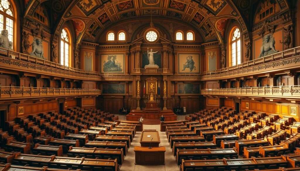 The grand chamber of the Sejm, the Polish parliament, stands majestically. Rows of ornate wooden benches fill the spacious interior, bathed in warm, golden light filtering through stained-glass windows. At the front, the elevated dais serves as the centerpiece, where the Marshal of the Sejm presides over the proceedings. Intricate carvings and tapestries adorn the walls, evoking the rich history and tradition of this esteemed legislative body. The atmosphere is one of reverence and civic duty, as lawmakers debate and deliberate, shaping the course of the nation.