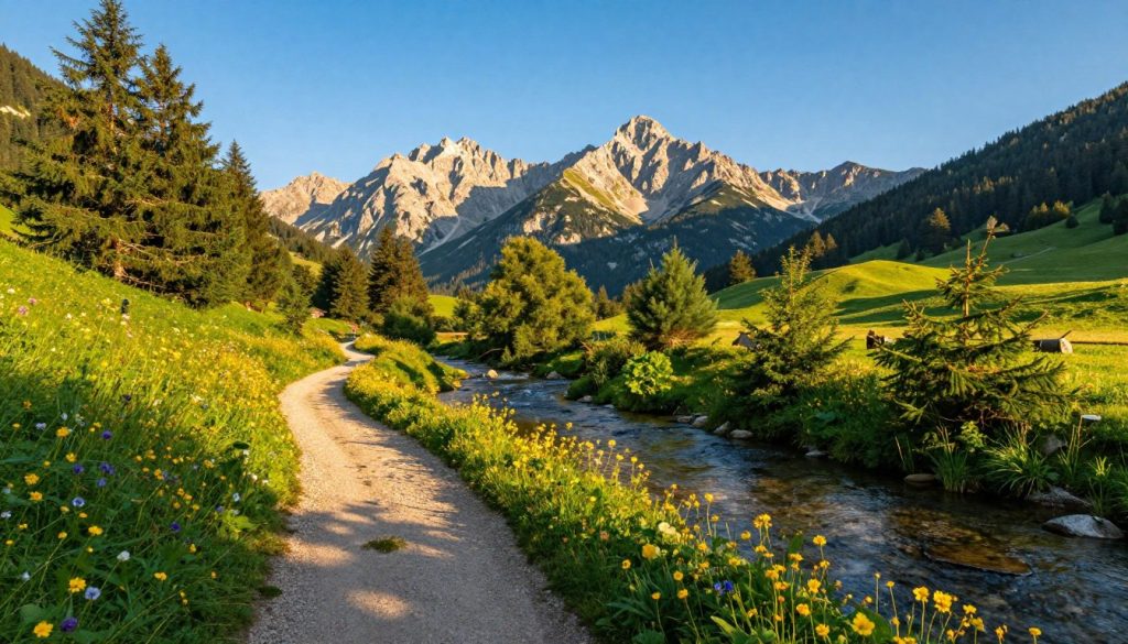 A breathtaking view of Murzasichle, showcasing its stunning natural beauty during summer. In the foreground, a picturesque hiking trail lined with vibrant wildflowers winds through lush greenery, leading towards the majestic Giewont mountain. The middle ground features a tranquil stream reflecting the bright blue sky, with soft sunlight filtering through the trees, creating dappled patterns on the path. In the background, the imposing silhouette of Giewont rises dramatically against the horizon, its rocky peaks bathed in warm golden light. The scene is infused with a sense of adventure and serenity, inviting viewers to explore the scenic trails and pristine wilderness of the area. Use a wide-angle lens to capture the expansive landscape, emphasizing the vibrant colors of summer and the clear, inviting atmosphere. A breathtaking view of Murzasichle, showcasing its stunning natural beauty during summer. In the foreground, a picturesque hiking trail lined with vibrant wildflowers winds through lush greenery, leading towards the majestic Giewont mountain. The middle ground features a tranquil stream reflecting the bright blue sky, with soft sunlight filtering through the trees, creating dappled patterns on the path. In the background, the imposing silhouette of Giewont rises dramatically against the horizon, its rocky peaks bathed in warm golden light. The scene is infused with a sense of adventure and serenity, inviting viewers to explore the scenic trails and pristine wilderness of the area. Use a wide-angle lens to capture the expansive landscape, emphasizing the vibrant colors of summer and the clear, inviting atmosphere.