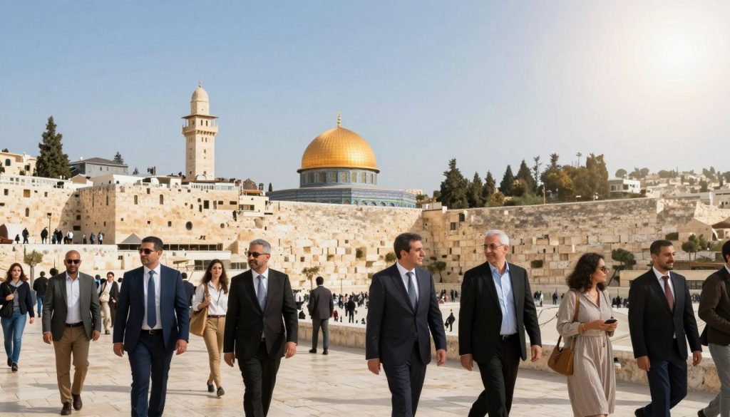 A bustling scene in Jerusalem showcasing the iconic Old City. In the foreground, a diverse group of people dressed in professional business attire and modest casual clothing, confidently interacting and walking together, reflecting a sense of community and safety. The middle ground features notable historical architecture, including the Western Wall and the Dome of the Rock, bathed in warm sunlight. The background reveals the rolling hills of Jerusalem under a clear blue sky, creating a serene atmosphere. Soft shadows enhance the depth, with a slight lens flare to indicate a bright, optimistic day. The overall mood conveys safety and harmony in a culturally rich environment, symbolizing security in the heart of Jerusalem.