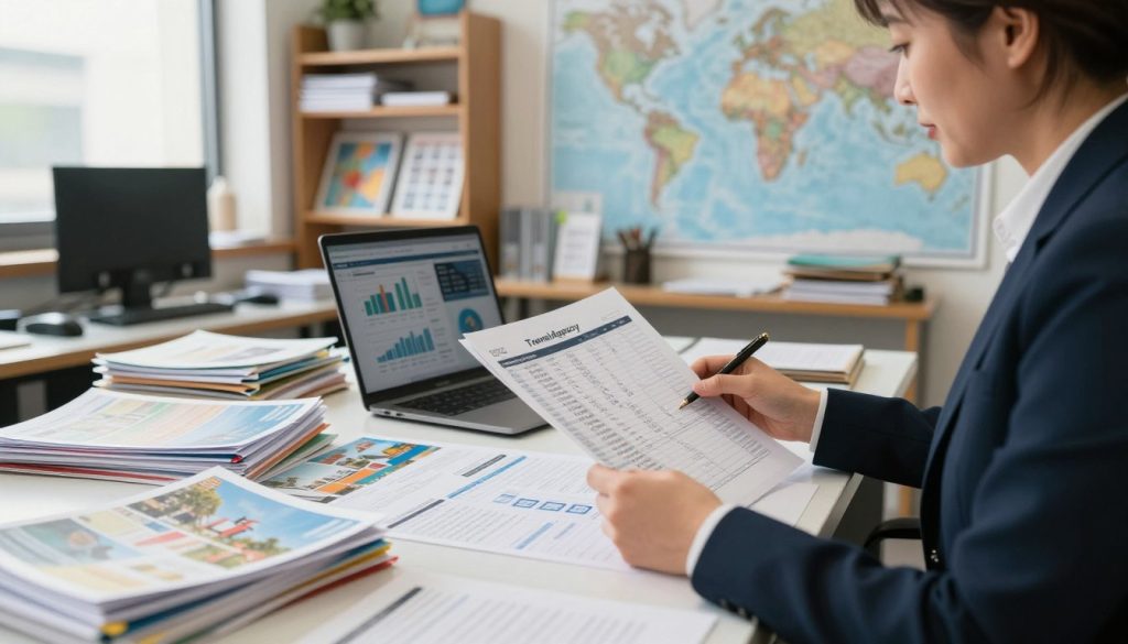 A busy travel agency office scene, featuring a professional travel agent reviewing detailed reports and spreadsheets related to travel costs and expenses. Focus on a large desk cluttered with travel brochures, financial documents, and a laptop displaying graphs and charts. In the background, shelves filled with maps and travel guides, with a large world map on the wall. The lighting is bright and inviting, with sunlight streaming in through a window, highlighting the organized chaos of the workspace. The agent, a middle-aged person in formal business attire, appears engaged and focused. The atmosphere is one of professionalism and productivity, conveying the complexities of managing a travel agency's finances. Use a shallow depth of field to emphasize the agent while softly blurring the background. A busy travel agency office scene, featuring a professional travel agent reviewing detailed reports and spreadsheets related to travel costs and expenses. Focus on a large desk cluttered with travel brochures, financial documents, and a laptop displaying graphs and charts. In the background, shelves filled with maps and travel guides, with a large world map on the wall. The lighting is bright and inviting, with sunlight streaming in through a window, highlighting the organized chaos of the workspace. The agent, a middle-aged person in formal business attire, appears engaged and focused. The atmosphere is one of professionalism and productivity, conveying the complexities of managing a travel agency's finances. Use a shallow depth of field to emphasize the agent while softly blurring the background.