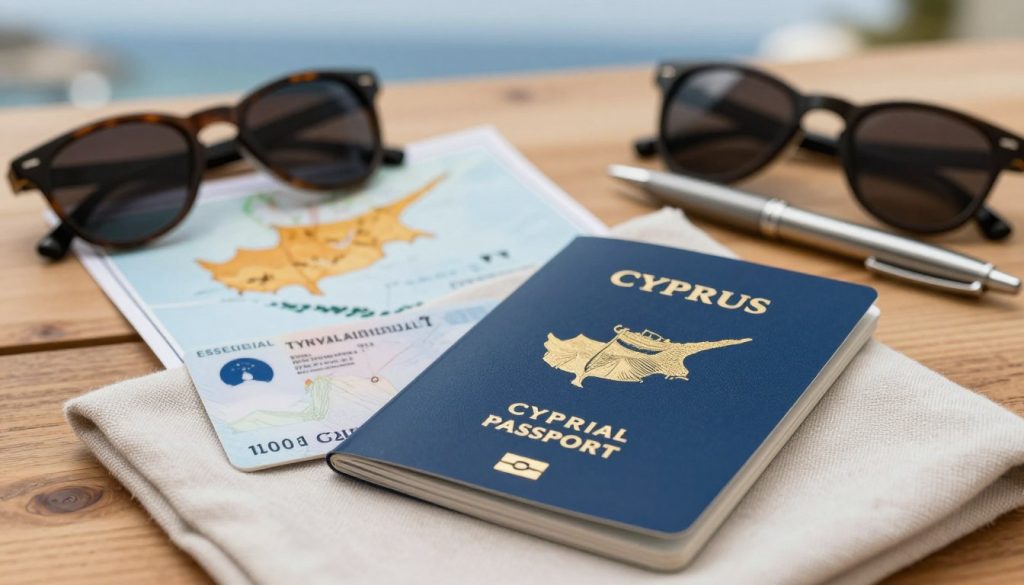 A close-up arrangement of essential travel documents for Cyprus, featuring a vibrant blue Cyprus passport and a national identity card, both laid on a wooden table. In the foreground, the documents are placed on a soft, textured fabric in a light color to enhance contrast. The middle ground includes a small, decorative Cyprus map and a few travel essentials, like sunglasses and a pen, subtly arranged to suggest travel readiness. In the background, a soft, blurred image of the Mediterranean coast evokes a sense of adventure and relaxation. Use warm, natural lighting to create an inviting atmosphere, with a shallow depth of field that emphasizes the documents. The overall mood is organized and professional, reflecting the importance of travel documentation. A close-up arrangement of essential travel documents for Cyprus, featuring a vibrant blue Cyprus passport and a national identity card, both laid on a wooden table. In the foreground, the documents are placed on a soft, textured fabric in a light color to enhance contrast. The middle ground includes a small, decorative Cyprus map and a few travel essentials, like sunglasses and a pen, subtly arranged to suggest travel readiness. In the background, a soft, blurred image of the Mediterranean coast evokes a sense of adventure and relaxation. Use warm, natural lighting to create an inviting atmosphere, with a shallow depth of field that emphasizes the documents. The overall mood is organized and professional, reflecting the importance of travel documentation.
