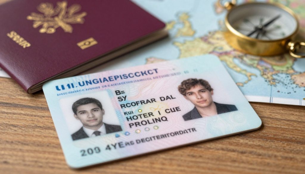 A close-up view of a European national ID card, artistically displayed on a wooden surface, featuring intricate design elements such as holograms and security features. The card is partially open, revealing personal details with a photorealistic image of a person in professional business attire, showcasing the document's validity for travel purposes. The background includes an elegant passport holder and travel-related items like a compass and a map of Europe, softly blurred to enhance focus on the ID card. Natural lighting illuminates the scene, creating a warm and inviting atmosphere, complemented by a slight vignette effect to draw attention to the document. The mood is professional and informative, ideal for understanding travel documentation. A close-up view of a European national ID card, artistically displayed on a wooden surface, featuring intricate design elements such as holograms and security features. The card is partially open, revealing personal details with a photorealistic image of a person in professional business attire, showcasing the document's validity for travel purposes. The background includes an elegant passport holder and travel-related items like a compass and a map of Europe, softly blurred to enhance focus on the ID card. Natural lighting illuminates the scene, creating a warm and inviting atmosphere, complemented by a slight vignette effect to draw attention to the document. The mood is professional and informative, ideal for understanding travel documentation.