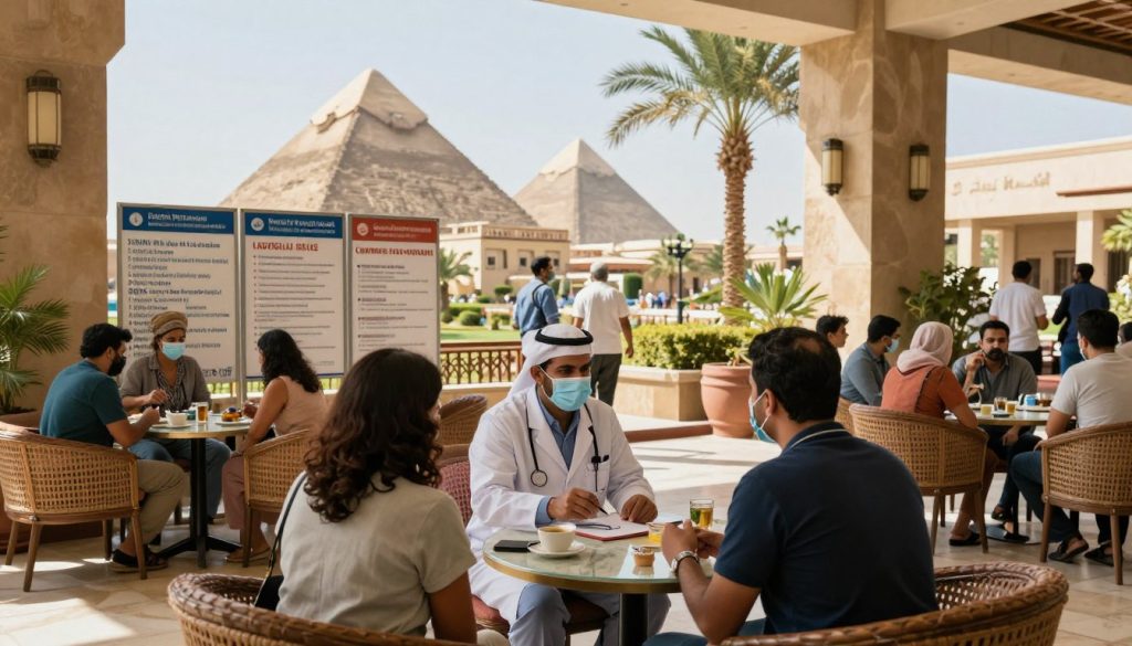 A comprehensive view of a bustling Egyptian tourist location, focusing on healthcare concerns and safety for visitors. In the foreground, a healthcare professional in professional attire is consulting with tourists in a vibrant hotel lobby setting, emphasizing their well-being. The middle ground features clear information boards about health precautions and hospital locations, while tourists engage in conversations. The background showcases iconic Egyptian architecture, with palm trees and a clear blue sky, symbolizing the beauty of the region. Soft, natural lighting highlights the scene, creating a warm and inviting atmosphere. The image aims to convey both the allure of Egypt as a travel destination and the importance of health safety for visitors. A comprehensive view of a bustling Egyptian tourist location, focusing on healthcare concerns and safety for visitors. In the foreground, a healthcare professional in professional attire is consulting with tourists in a vibrant hotel lobby setting, emphasizing their well-being. The middle ground features clear information boards about health precautions and hospital locations, while tourists engage in conversations. The background showcases iconic Egyptian architecture, with palm trees and a clear blue sky, symbolizing the beauty of the region. Soft, natural lighting highlights the scene, creating a warm and inviting atmosphere. The image aims to convey both the allure of Egypt as a travel destination and the importance of health safety for visitors.