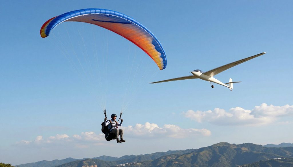 A detailed comparison scene showcasing a powered paragliding flight and a glider soaring through a vibrant sky. In the foreground, a powered paraglider is depicted with colorful wings and a pilot wearing a helmet and business casual attire, entering a dramatic ascent. In the middle ground, a graceful glider glides effortlessly, with its long wings stretched out, highlighting the contrast between the two aircrafts. The background features a clear blue sky with a few fluffy clouds, and distant mountains to provide depth. The sunlight illuminates the scene, casting soft shadows on the landscape below. The overall mood is dynamic and adventurous, conveying the thrill of aerial flight while emphasizing the cost comparison theme. The image should be free of text and any other overlays. A detailed comparison scene showcasing a powered paragliding flight and a glider soaring through a vibrant sky. In the foreground, a powered paraglider is depicted with colorful wings and a pilot wearing a helmet and business casual attire, entering a dramatic ascent. In the middle ground, a graceful glider glides effortlessly, with its long wings stretched out, highlighting the contrast between the two aircrafts. The background features a clear blue sky with a few fluffy clouds, and distant mountains to provide depth. The sunlight illuminates the scene, casting soft shadows on the landscape below. The overall mood is dynamic and adventurous, conveying the thrill of aerial flight while emphasizing the cost comparison theme. The image should be free of text and any other overlays.