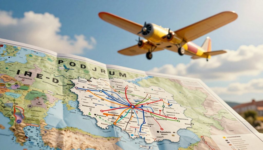 A detailed map of flight routes from Poland to Bodrum, Turkey, displayed prominently in the foreground. The map showcases various airlines and their flight paths, illustrated with colorful lines and icons representing planes in flight. In the middle ground, a stylized, vintage airplane flies towards Bodrum, symbolizing travel excitement. The background features a vibrant blue sky with soft clouds, capturing the essence of a sunny day ideal for flying. The overall atmosphere is adventurous and inviting, with warm lighting that highlights the map’s details. The scene captures the allure of travel, presenting a blend of professionalism and wanderlust, emphasizing the connection between Poland and Bodrum. A detailed map of flight routes from Poland to Bodrum, Turkey, displayed prominently in the foreground. The map showcases various airlines and their flight paths, illustrated with colorful lines and icons representing planes in flight. In the middle ground, a stylized, vintage airplane flies towards Bodrum, symbolizing travel excitement. The background features a vibrant blue sky with soft clouds, capturing the essence of a sunny day ideal for flying. The overall atmosphere is adventurous and inviting, with warm lighting that highlights the map’s details. The scene captures the allure of travel, presenting a blend of professionalism and wanderlust, emphasizing the connection between Poland and Bodrum.