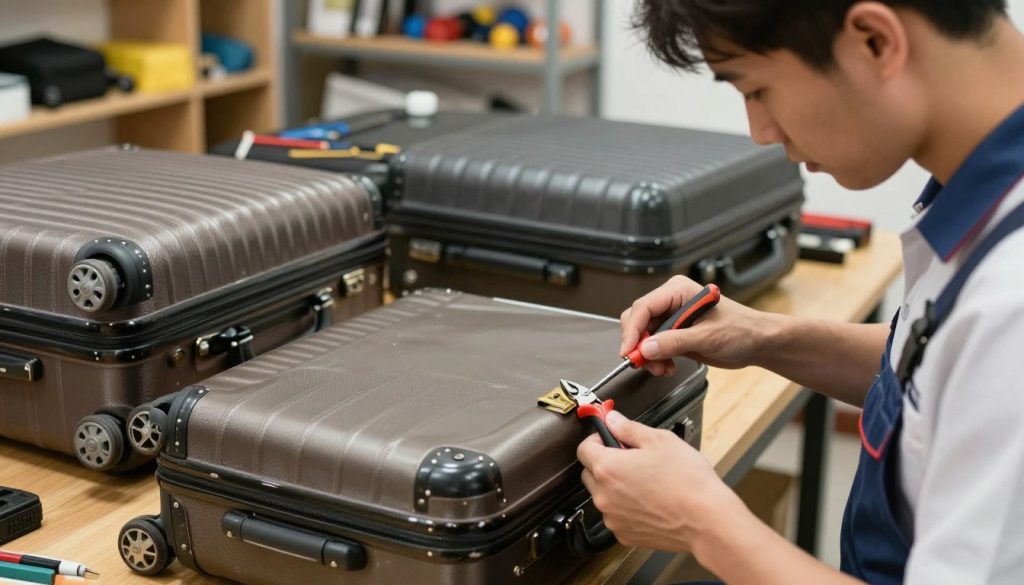 A detailed view of a professional luggage repair service workspace. In the foreground, a skilled technician in a neat uniform is focused on fixing a damaged suitcase lock, using tools such as pliers and a screwdriver. The middle ground features various suitcases with visible issues, like broken wheels and loose handles, all on a wooden workbench. The background shows shelves stocked with spare parts and tools, set in a well-lit, organized workshop environment. Soft, warm lighting enhances the atmosphere, conveying a sense of professionalism and efficiency. The composition captures the intricate details of the repair process, emphasizing craftsmanship and attention to quality in luggage maintenance.